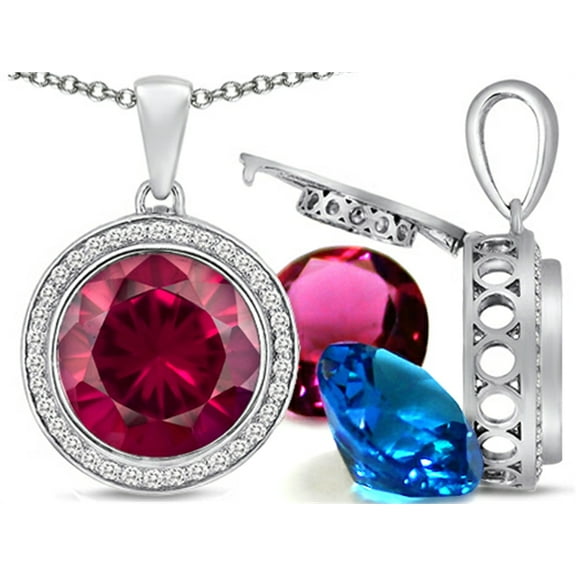 Switch-It Gems Interchangeable Simulated Ruby Halo Pendant Necklace Set Round 12mm Simulated Birth Months Included