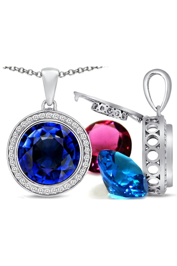Switch-It Gems Interchangeable Simulated Sapphire Halo Pendant Necklace Round 12mm Simulated Birth Months Includ