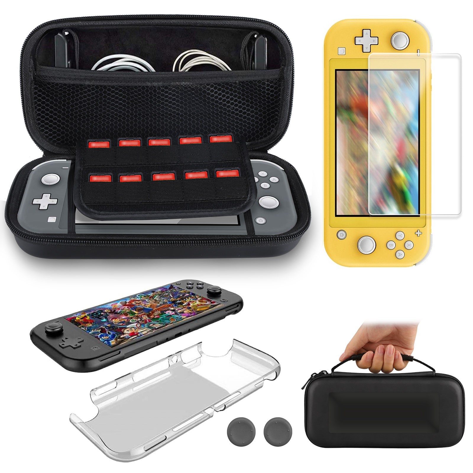 Switch Lite Accessories Bundle, EEEkit Carrying Case Fit for Nintendo Switch Lite 2019 Console with Tempered Glass Screen Protectors, Clear Case, Charging Cable, Thumbstick Cap, NS Lite Accessories - image 1 of 9