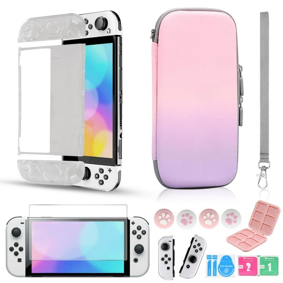 Switch OLED Carrying Case Kit, 10-in-1 Accessories Bundle for Nintendo Switch OLED Model, Hard Shell Portable Travel Case Pouch with 10 Card Slots, Protective Case, Screen Protector, Thumb Caps