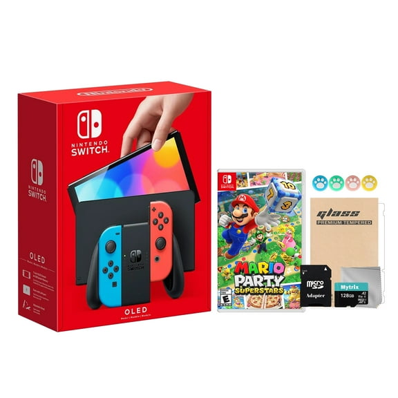 Switch OLED Model Red Blue 64GB Console HD Screen & LAN-Port Dock with Mario Party Superstars Game, Mytrix 128GB SD Card, Screen Protector and Joy-Stick Caps Best Holiday Gift