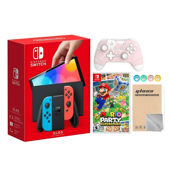 Switch OLED Model Red Blue 64GB Console HD Screen & LAN-Port Dock with Mario Party Superstars Game, Mytrix Wireless Pro Controller Cherry Pink, Screen Protector and Joy-Stick Caps Best Holiday Gift