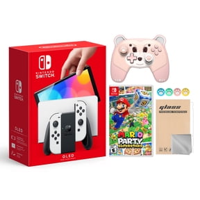Switch OLED Model White 64GB Console HD Screen & LAN-Port Dock Bundle with Mario Party Superstars Game, Mytrix Wireless Pro Controller Pink Bear, Screen Protector and Joy-Stick Caps Best Holiday Gift