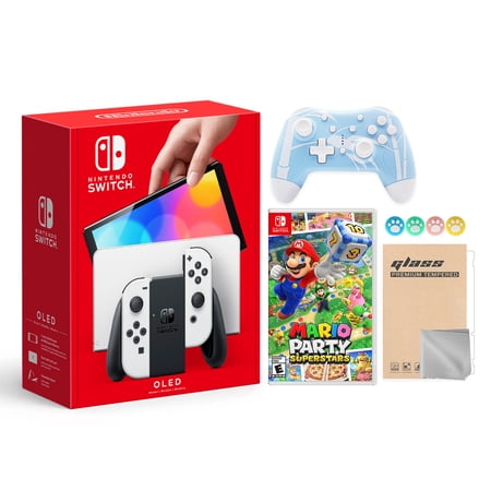 Switch OLED Model White 64GB Console HD Screen & LAN-Port Dock with Mario Party Superstars Game, Mytrix Wireless Pro Controller Blue Bamboo, Screen Protector and Joy-Stick Caps Best Holiday Gift