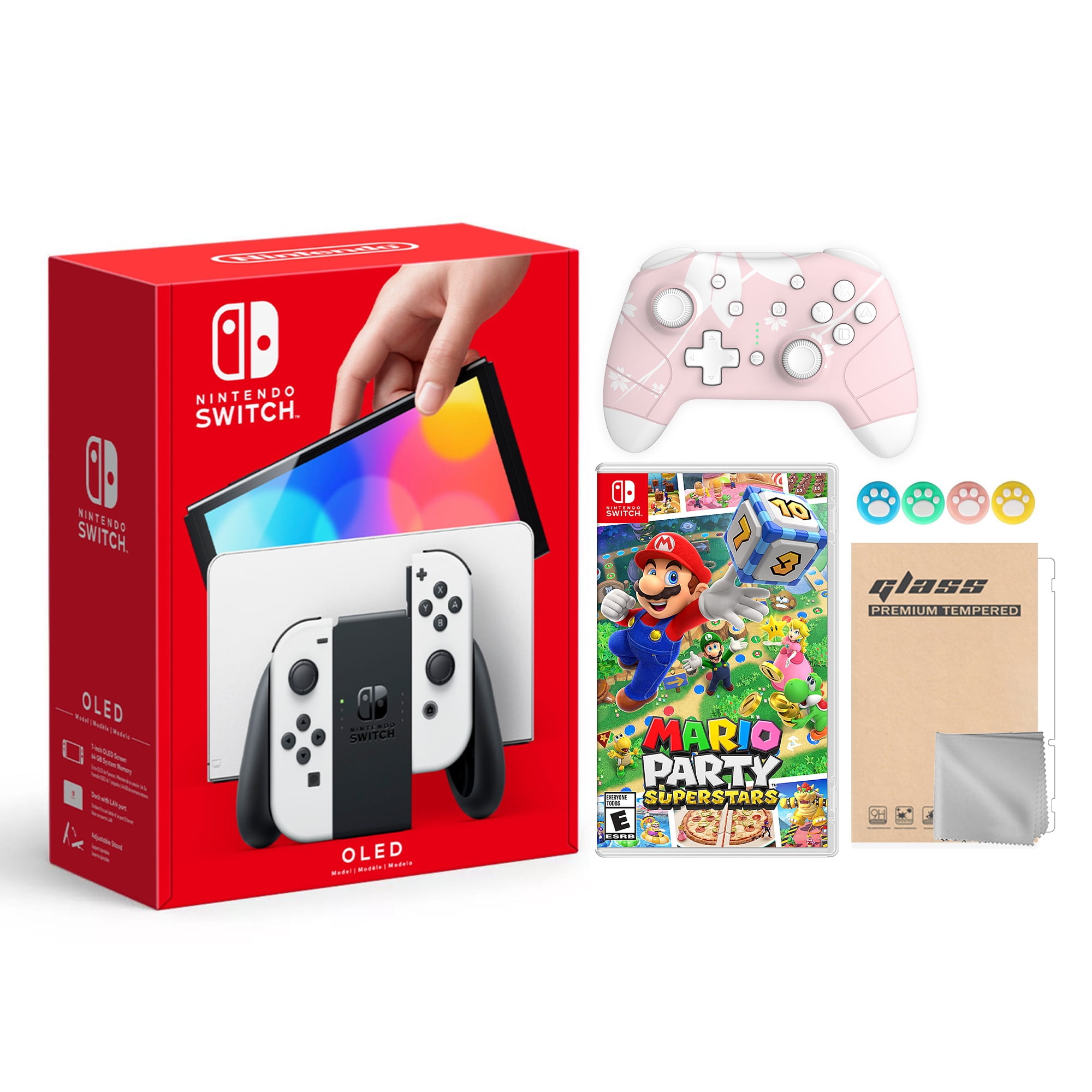 Switch OLED Model White 64GB Console HD Screen & LAN-Port Dock with Mario Party Superstars Game, Pro Controller Cherry Pink, Screen Protector and Joy-Stick Caps