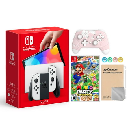 Switch OLED Model White 64GB Console HD Screen & LAN-Port Dock with Mario Party Superstars Game, Pro Controller Cherry Pink, Screen Protector and Joy-Stick Caps