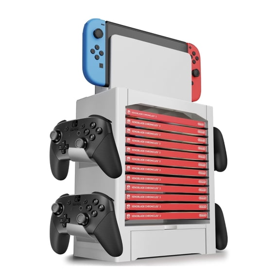 Switch Organizer Station Game Storage Tower Stand for Nintendo Switch / Switch OLED with Dock Holder, 10 Game Case Vertical Shelf, 4 Controller Rack, Joy-con Drawer, White