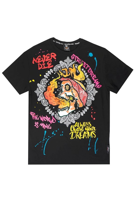 Men's T-Shirt Iridescent Applique Embroidered Skull Tee (Large, Black)