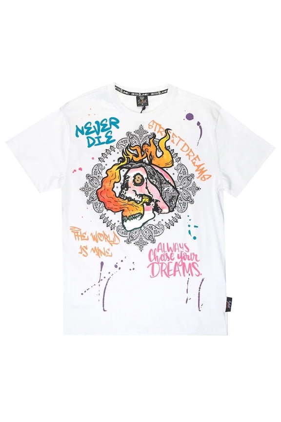 Men's T-Shirt Iridescent Applique Embroidered Skull Tee (Large, White)