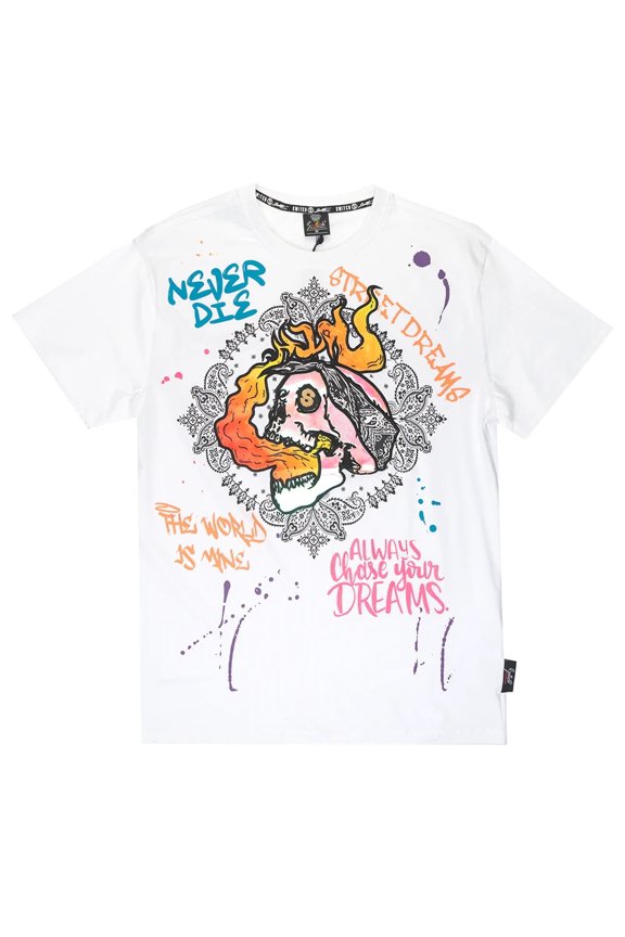 Men's T-Shirt Iridescent Applique Embroidered Skull Tee (X-Large, White)