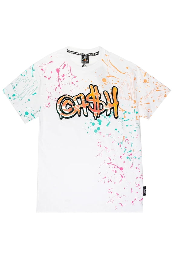Men's T-Shirt Metallic Applique Cash Paint Splatter Tee (Large, White)