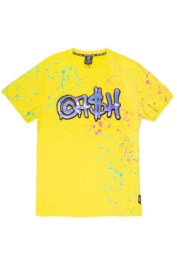 Men's T-Shirt Metallic Applique Cash Paint Splatter Tee (Large, Yellow)