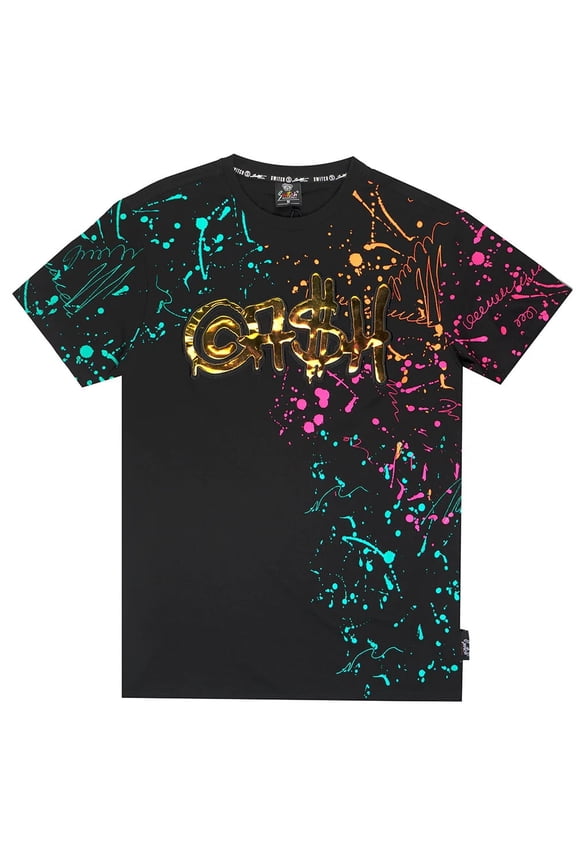 Men's T-Shirt Metallic Applique Cash Paint Splatter Tee (Medium, Black)