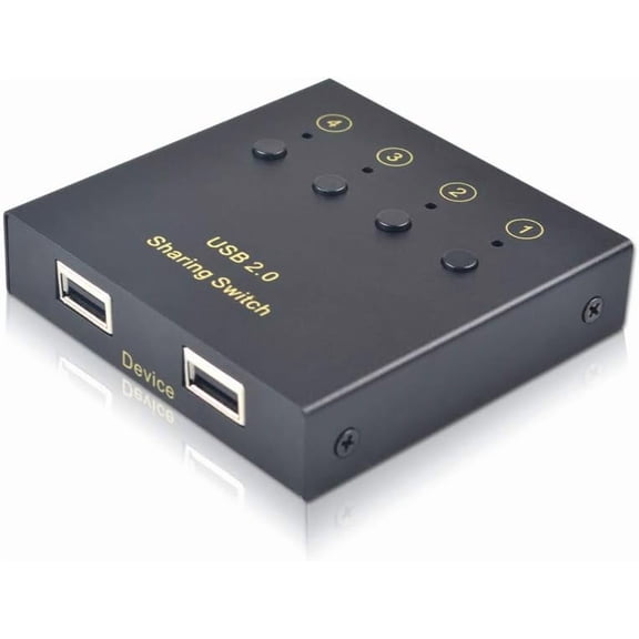 Switch Selector, 4 Computers Share 2 Device Output Controller 2.0 Peripheral Switcher Hub, Compatible with Mouse Keyboard Scanner Printer, with Button Switch and 4 Pack Transfer Cable