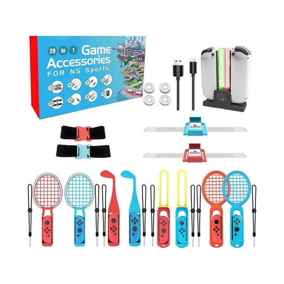 Switch Sports Accessories Bundle - 20 in 1 Family Accessories Kit for Nintendo Switch Sports Games Golf Clubs, Wrist Dance Bands & Leg Strap, Tennis Rackets, Sword Grips, bowling grips, Thum