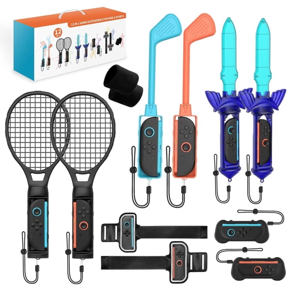 Switch Sports Games Accessories Bundle for New Switch 2 (2025),12 in 1 Family Party Pack for Switch 2 Accessories Kit with Tennis Rackets,Golf Clubs,Chambara Swords,Leg Straps & Joycon Grips
