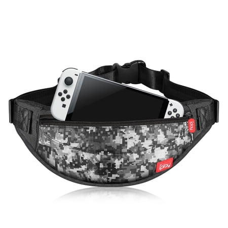 Switch Travel Bag for Nintendo Switch / Switch OLED / Switch Lite White Grey Digital Camo Fanny Pack Around The Waist Bag Carrying Hip Pouch for Console, Dock, Joy Cons, Cables and Accessories