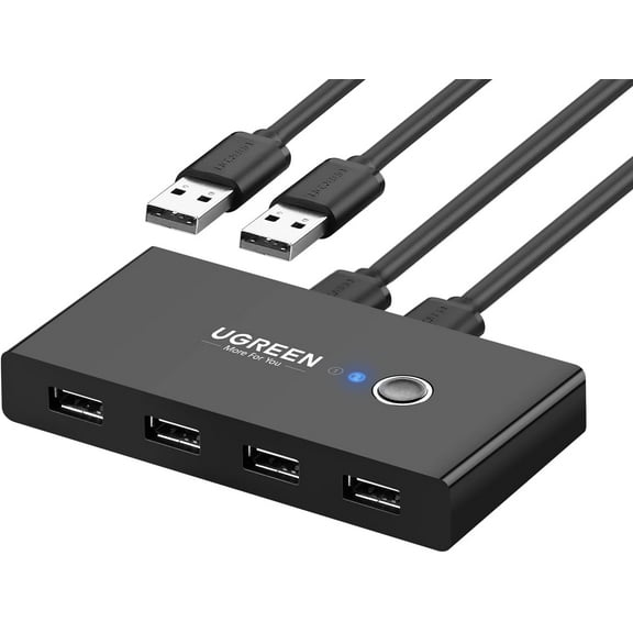 Switch selector for 2 computers to share 4 devices 2.0 peripheral switcher box hub, suitable for mouse, keyboard, scanner, printer, with one-touch switching and 2 packs to cable