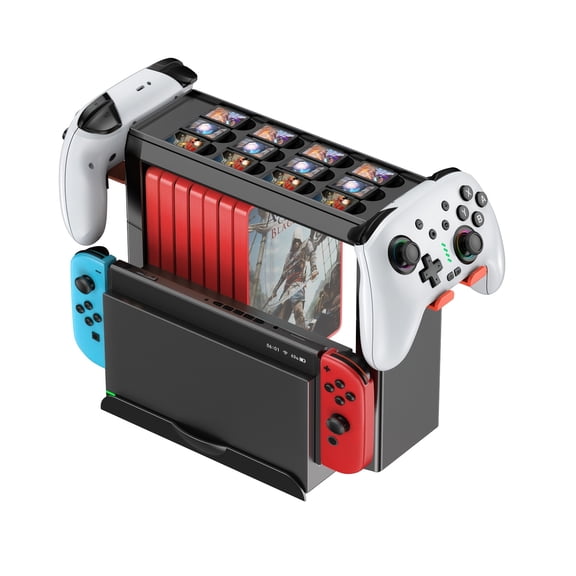Switch storage stand for Switch 2/OLED, game organizer for 15 cases, 12 cards, 2 controllers, black