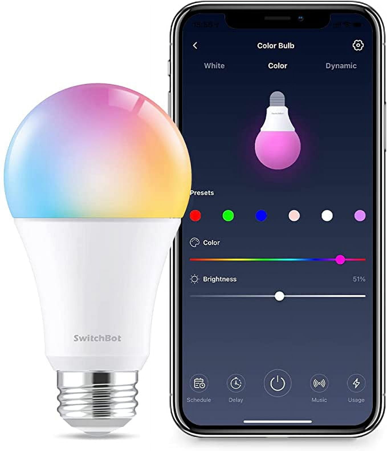 SwitchBot Smart Wi-Fi Bluetooth LED Light Bulb, Alexa Controlled, App Remote, Color Changing, 800lm, E26, 4 Pack - Walmart.com SwitchBot Smart Wi-Fi Bluetooth LED Light Bulb, Alexa Controlled, App Remote, Color Changing, 800lm, E26, 4 Pack - Walmart.com