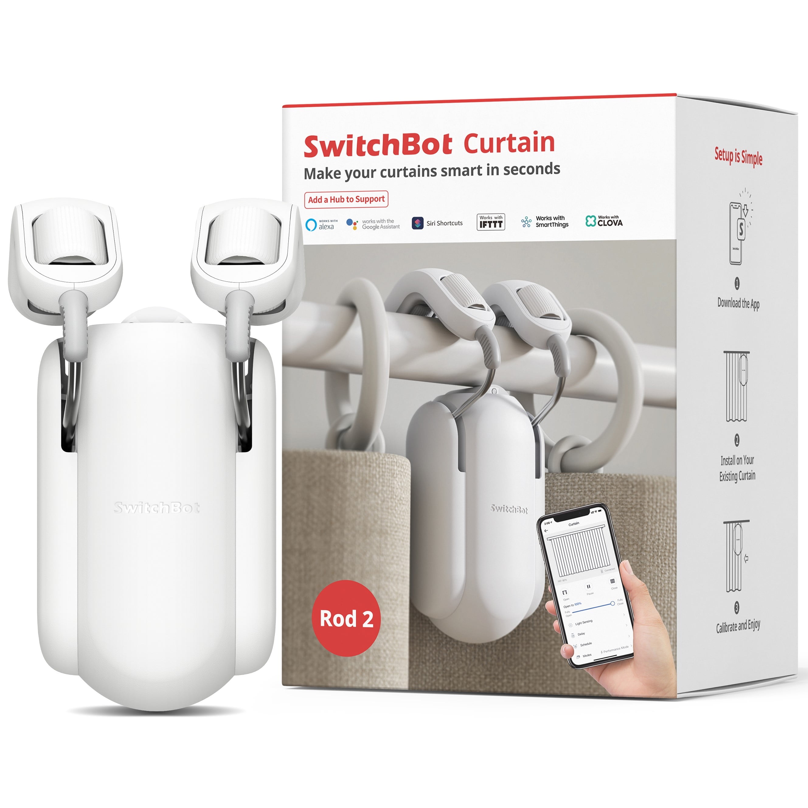 SwitchBot Curtain Rod 2, Smart Curtain Opener, Retrofit & Motorize Existing  Curtains, White 