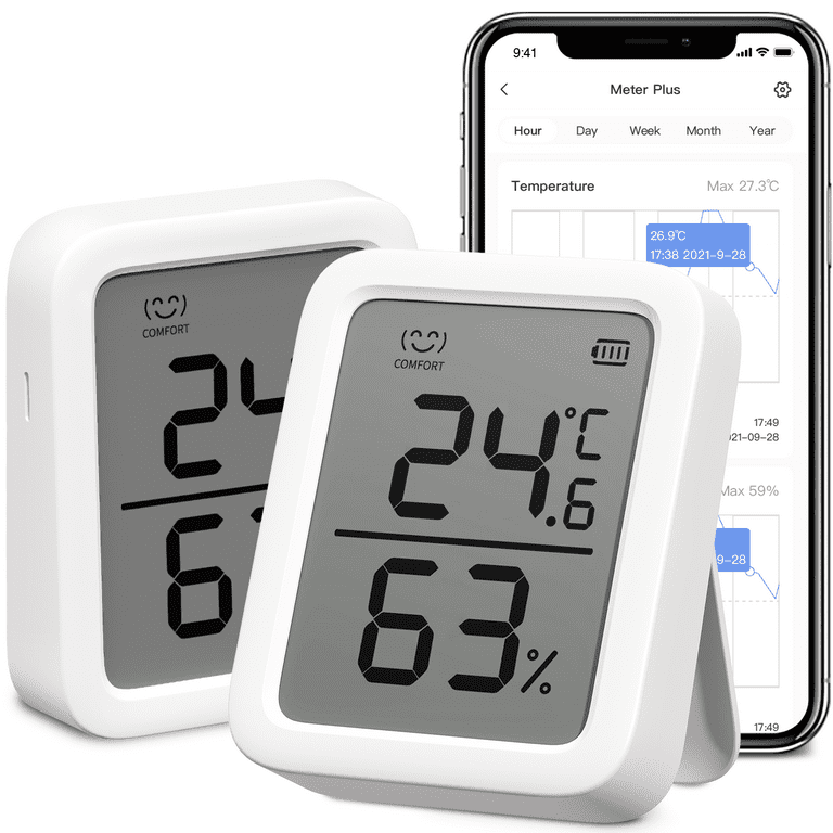 SwitchBot Thermometer & Hygrometer Plus, Smart Bluetooth Temperature  Humidity Sensor, 3 LCD Display, White, 2 Pack