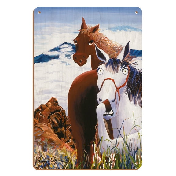 Switchback - Hawaiian Horses (Lio) on the Difficult Pali Puka Trail - From an Original Hawaii Watercolor Painting by Peggy Chun - 8 x 12 inch Vintage Wood Art Sign