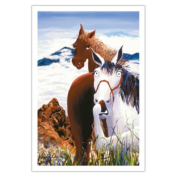 Switchback - Hawaiian Horses (Lio) on the Difficult Pali Puka Trail - From an Original Hawaii Watercolor Painting by Peggy Chun - Fine Art Matte Paper Print (Unframed) 30x44in