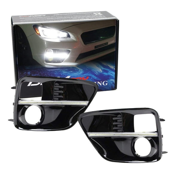 Switchback LED Daytime Running Lights For 2015-2017 Subaru WRX/STi w/JDM Style Piano Black Finish Fog Lamp Bezels, Xenon White LED DRL & Amber Yellow LED Turn Signals