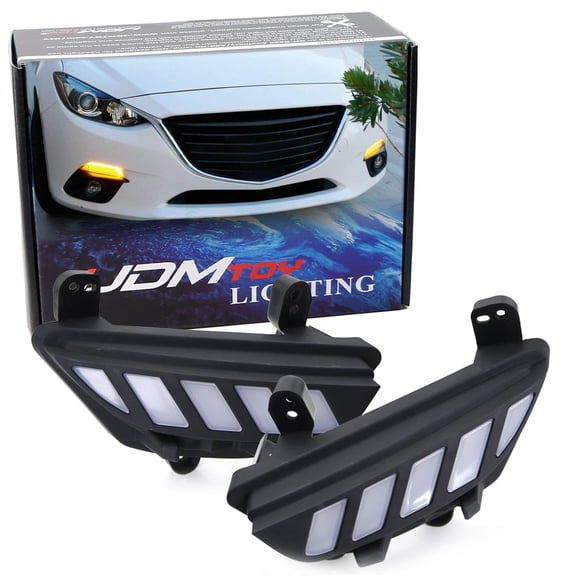 Switchback LED Daytime Running Lights Assembly For 2014-2016 Mazda3 Axela, OEM Fit High Power Assy Powered by (6) Xenon White LED as DRL & (16) Amber Yellow LED as Turn Signals