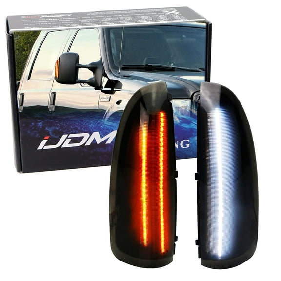 Switchback LED Side Mirror Marker Lamps For 2003-2007 Ford F250 F350 Superduty, 2000-2005 Ford Excursion, (2) Smoked Lens, White LED Parking Light, Amber LED Turn Signal Light