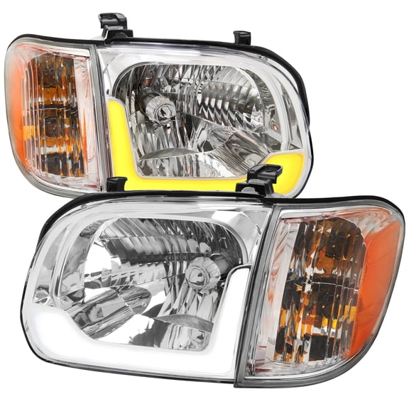 Switchback Sequential LED Bar Factory Style Headlights w/Corner Lamps (Chrome Housing/Clear Lens) Made for and Compatible with 2005-2006 Toyota Tundra/2005-2007 Sequoia