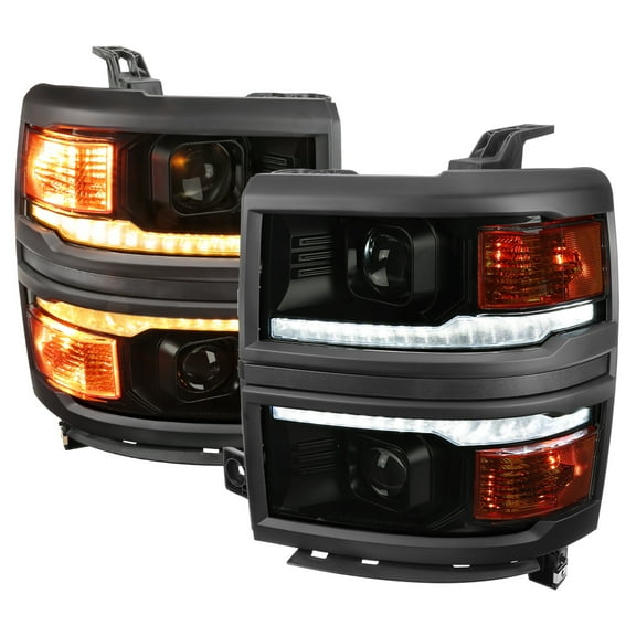 Switchback Sequential LED Bar Projector Headlights (Black Housing/Smoke Lens/Black Trim) Made for and Compatible with 2014-2015 Chevrolet Silverado 1500