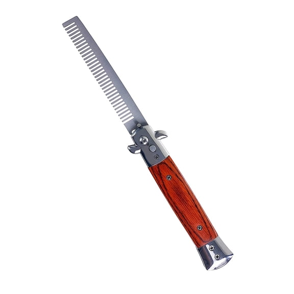 Switchblade Comb Pocket Knife Hair Brush Automatic Push Button Folding Barber Wood Grain