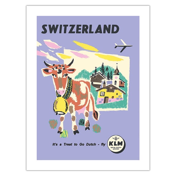 Switzerland - Allmogekor Swiss Cow - KLM Royal Dutch Airlines - Vintage Airline Travel Poster c.1959 - Bamboo Fine Art 290gsm Paper Print (Unframed) 24x32in