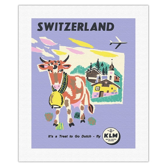 Switzerland - Allmogekor Swiss Cow - KLM Royal Dutch Airlines - Vintage Airline Travel Poster c.1959 - Fine Art Rolled Canvas Print 16in x 20in