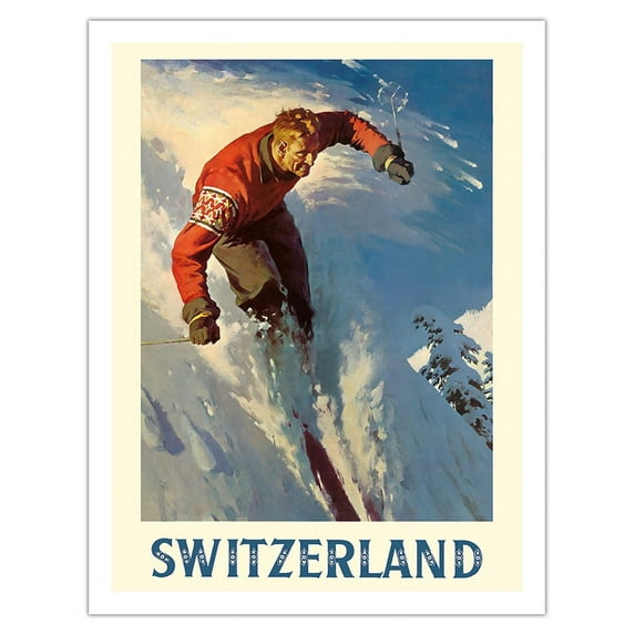 Switzerland - Alps Skiing - Vintage Travel Poster c.1950s - Fine Art Matte Paper Print (Unframed) 20x26in