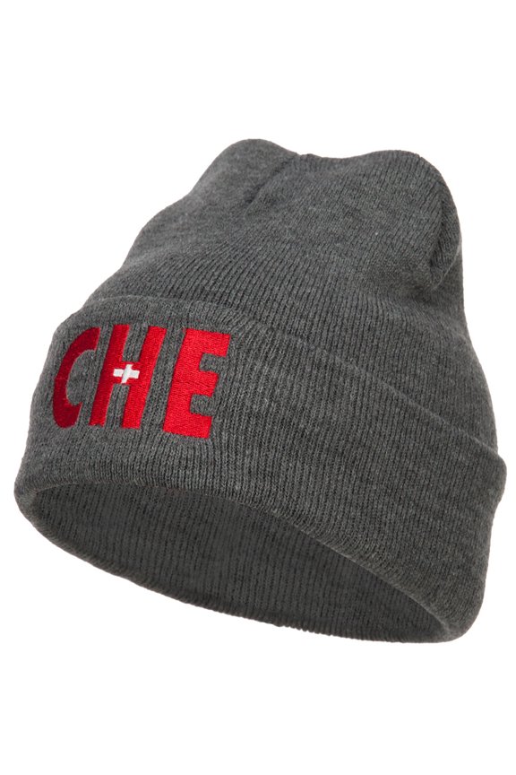 Switzerland CHE Flag Embroidered Long Beanie - Dk Grey OSFM