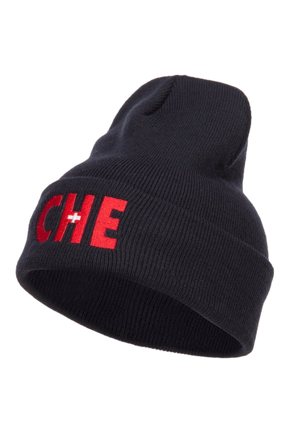 Switzerland CHE Flag Embroidered Long Beanie - Navy OSFM