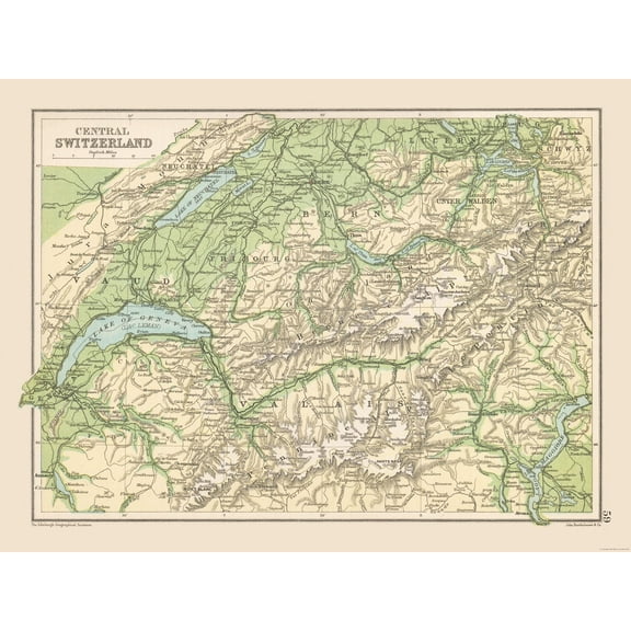 Historic Map - Switzerland Central - Bartholomew 1892 - 30.65 x 23 - Vintage Wall Art