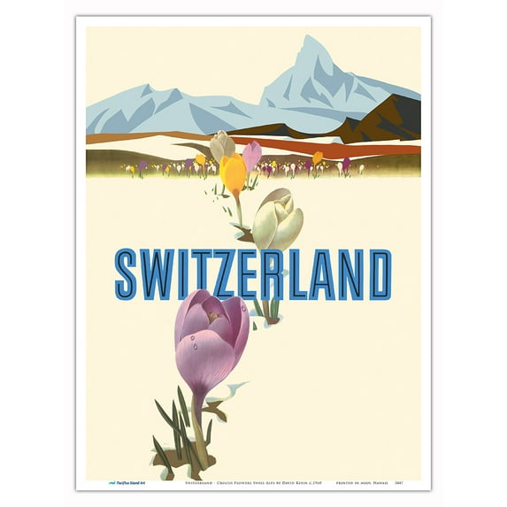 Switzerland - Crocus Flowers Swiss Alps - Vintage Travel Poster by David Klein c.1960 - Master Art Print (Unframed) 9in x 12in