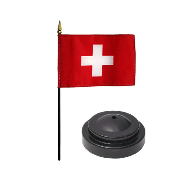 Switzerland Desk Flag with Base; American Made Rayon 4x6 inch Miniature Table Set Includes One Small Mini Country Stick Flags and One Black Stand (Switzerland Desk Flag and Base)