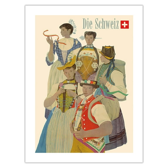 Switzerland (Die Schweiz) - Traditional Swiss Folkloric Costumes - Vintage Travel Poster by Kurt Wirth c.1952 - Bamboo Fine Art 290gsm Paper Print (Unframed) 24x32in