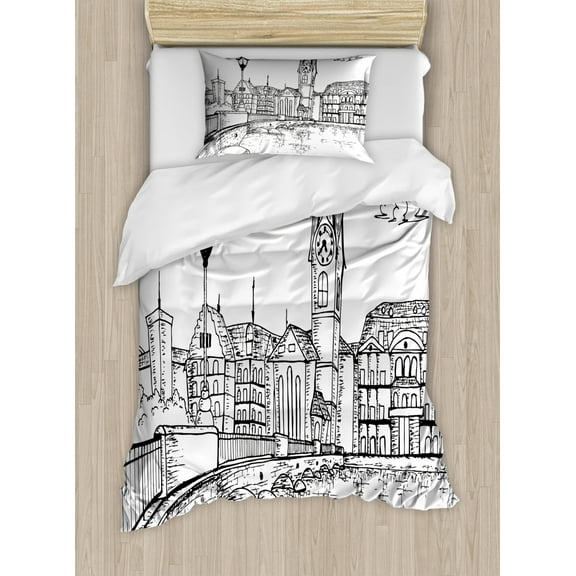 Switzerland Duvet Cover Set Twin Size, Sketch Style Zurich Town with Bridge and Famous Buildings Monochrome, Decorative 2 Piece Bedding Set with 1 Pillow Sham, Charcoal Grey White, by Ambesonne