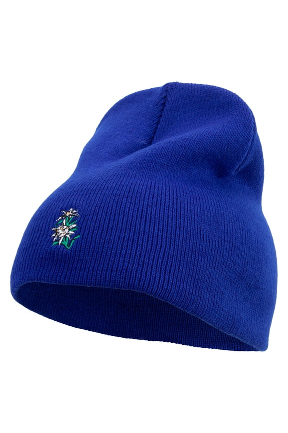 Switzerland Edelweiss Flower Embroidered 8 Inch Short Beanie - Royal OSFM