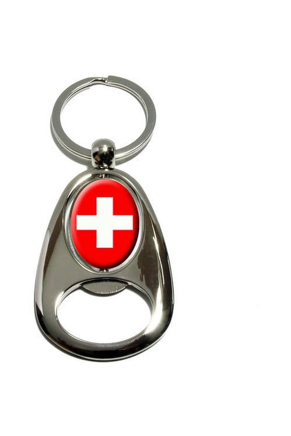 Switzerland Flag, Chrome Plated Metal Spinning Oval Design Bottle Opener Keychain Key Ring