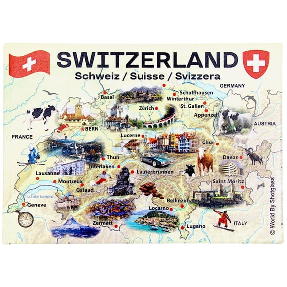 Switzerland Graphic Map and Attractions Souvenir Fridge Magnet 2.5" X 3.5"