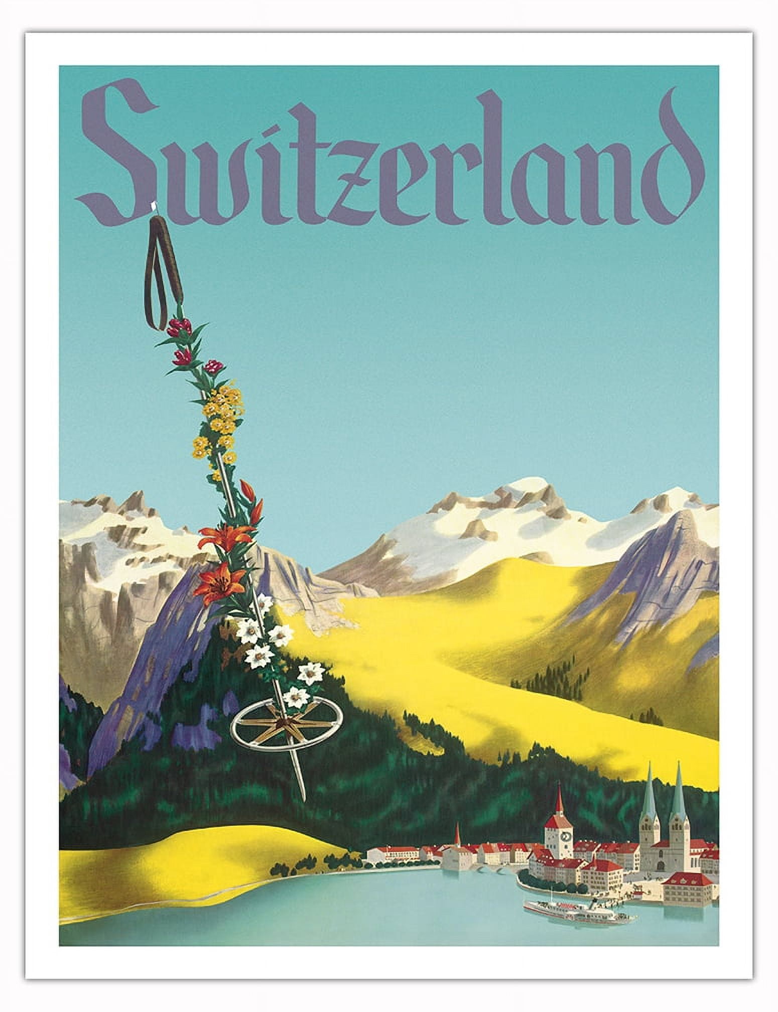 Switzerland - Lake Lucerne Swiss Alps - Vintage Travel Poster c.1952 ...