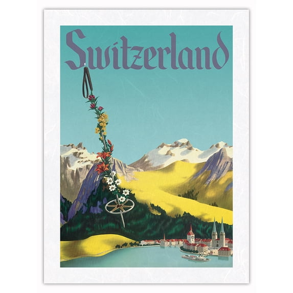Switzerland - Lake Lucerne Swiss Alps - Vintage Travel Poster c.1952 - Japanese Unryu Rice Paper Art Print (Unframed) 18 x 24 in