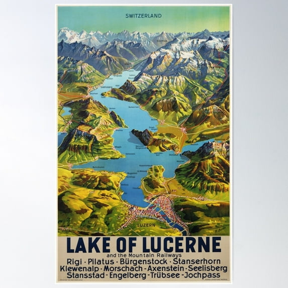 Switzerland Lake Of Lucerne And The Mountain Railways 1945 Vintage Travel Poster Wall Art, Modern Wall Decor For Living Room Bedroom, 8x12 UNFRAMED